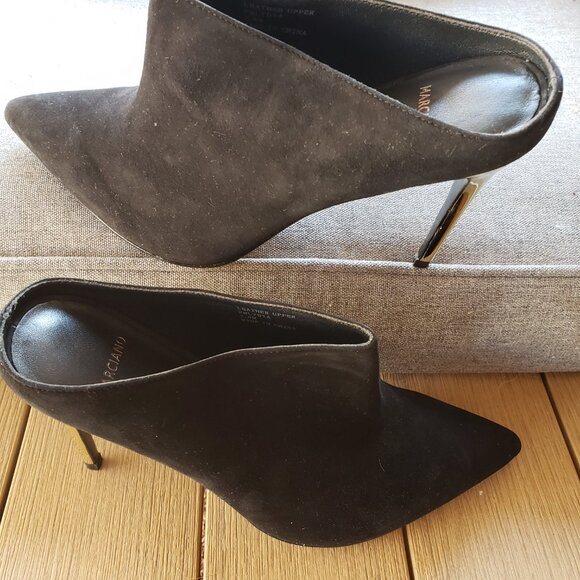 EUC Guess by MARCIANO jet black suede gold heel pointy toe mule (7.5) slides - Picture 7 of 9